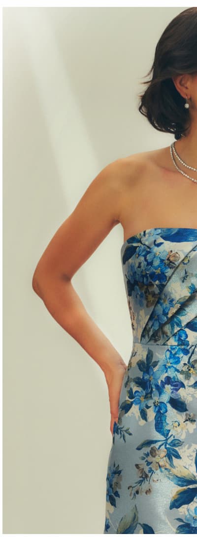 Strapless Pleated Floral Jacquard Wrap Gown In Blue Multi