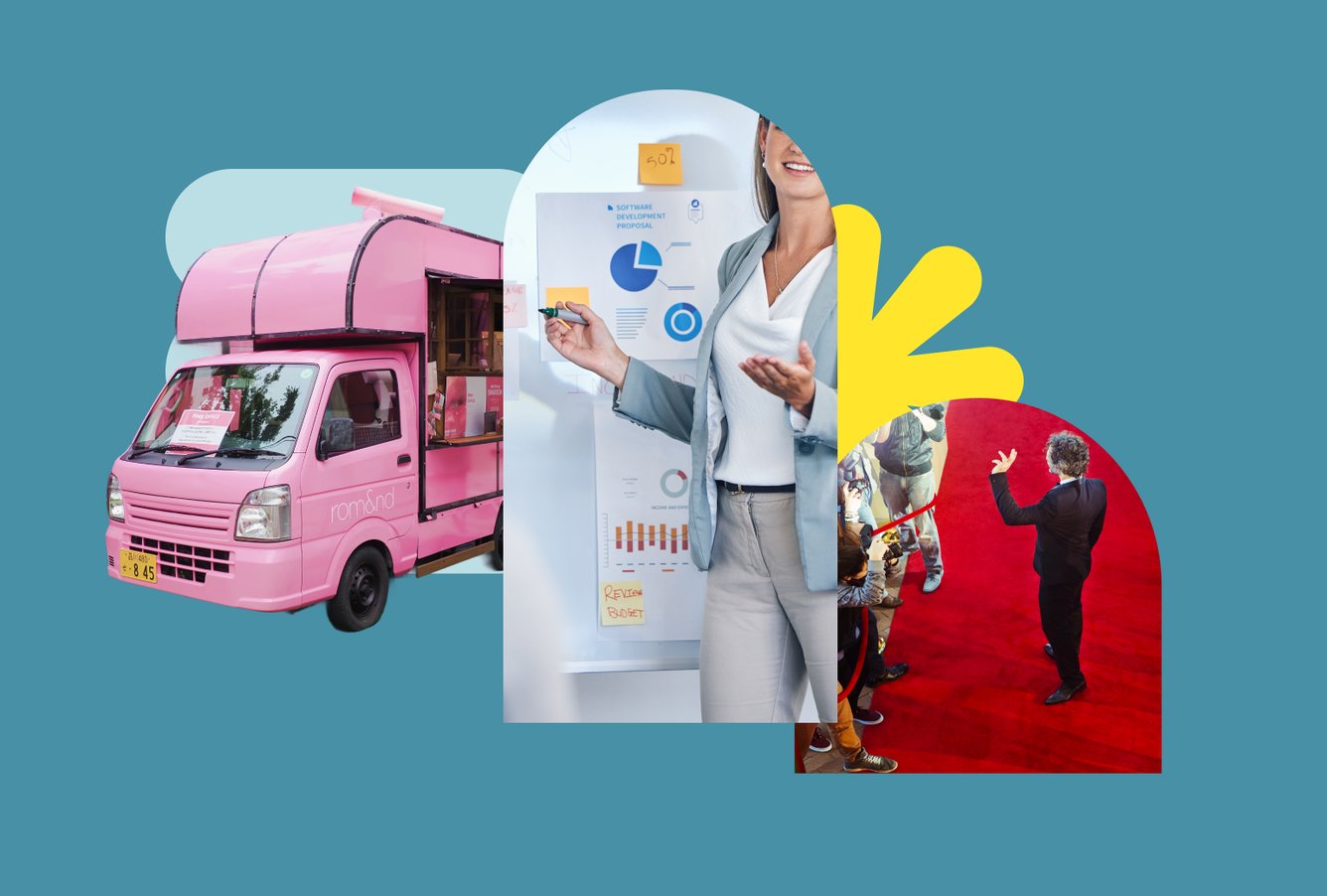 a pink van for a pop-up event, a woman standing in front of a slide with pie charts, and a red carpet, compiled in a collage indicating CMO priorities for 2026