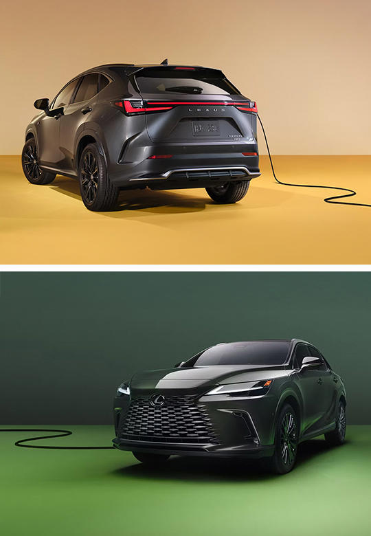 A split image shows the two Lexus plug-in hybrid models, the 2026 NX in the upper panel and the 2026 RX in the lower. Compare models.