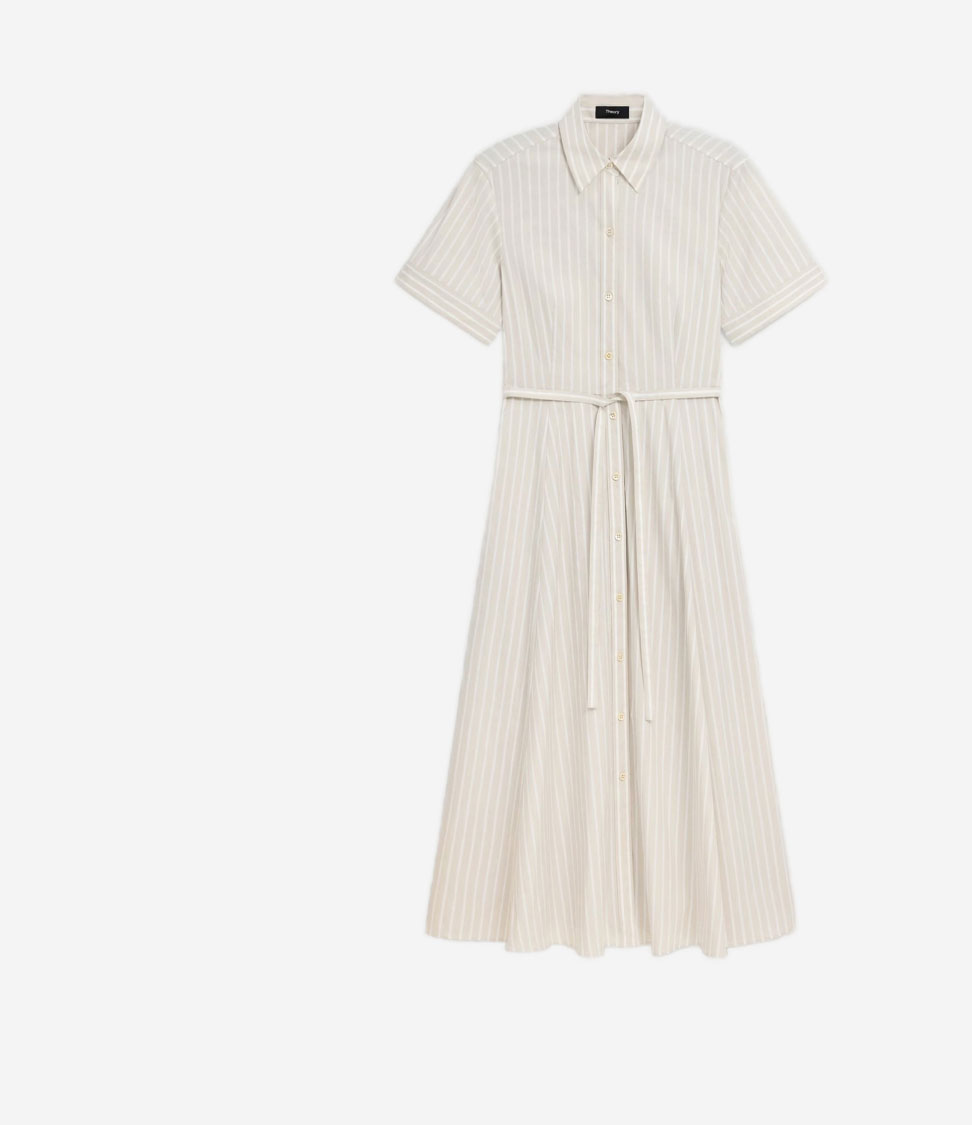 Belted Shirt Dress in Striped Cotton-Blend