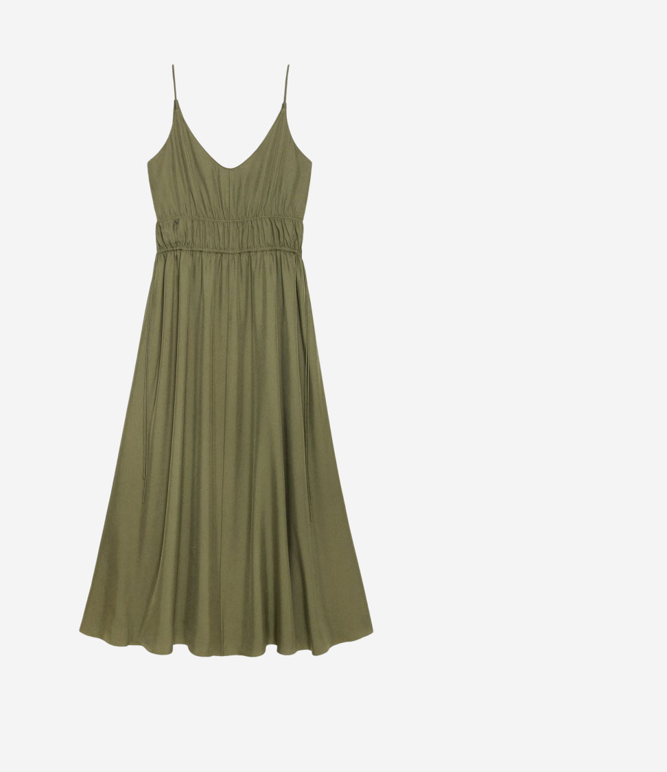Gathered V-Neck Dress in Washed Twill