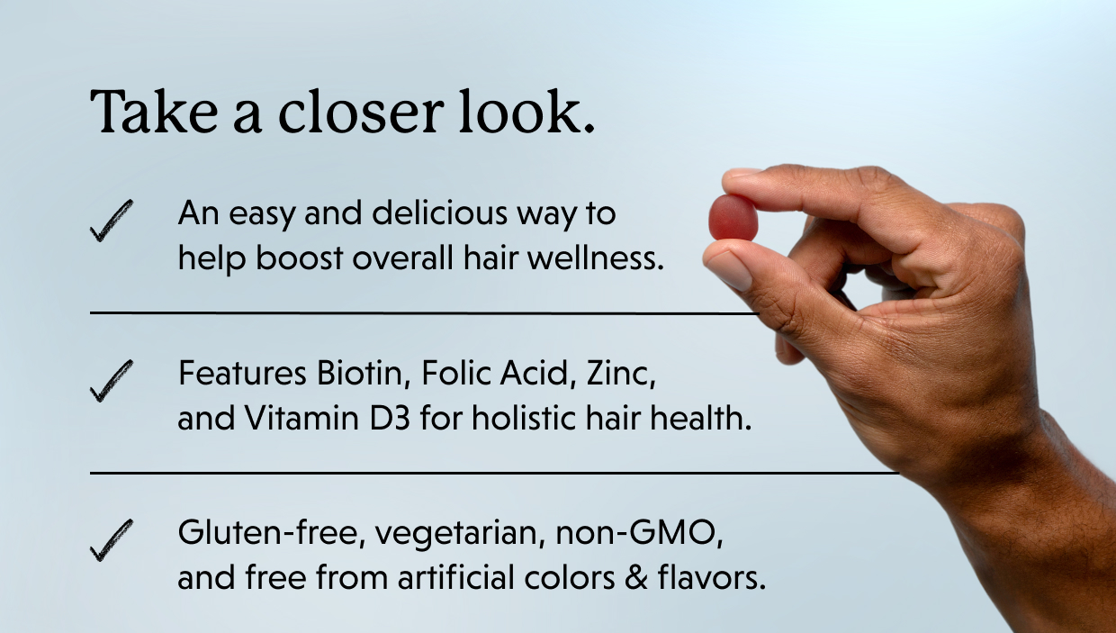 Take a closer look. An easy and delicious way to help boost overall hair wellness.  Features Biotin, Folic Acid, Zinc, and Vitamin D3 for holistic hair health.  Gluten-free, vegetarian, non-GMO, and free from artificial colors & flavors. 
