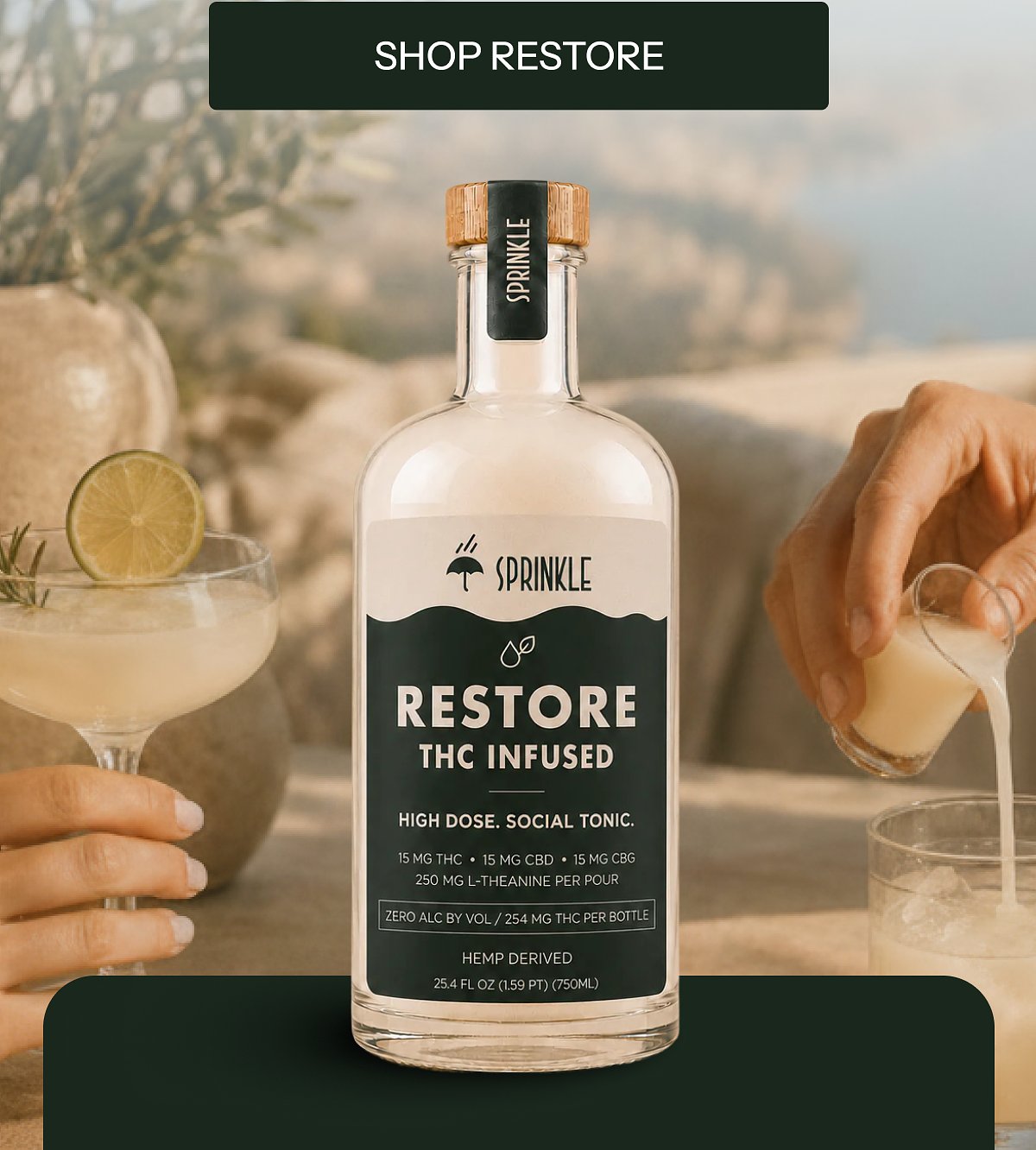Bottle of THC infused tonic with cocktails on a table.