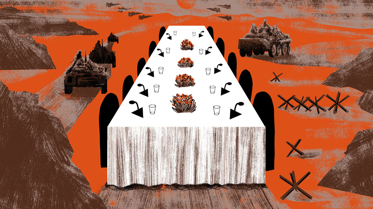 An illustration with a long conference table with a microphone and a glass at each seat and flower arrangements down the centre in the middle of a war zone surrounded by tanks and fighter jets flying overhead.
