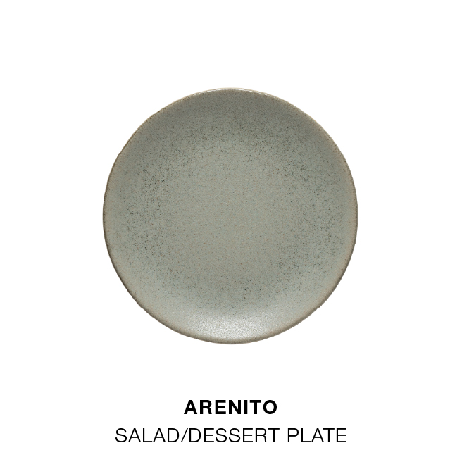 Product grid with photos and names: Arenito dinner plate, Arenito salad/dessert plate, Marrakesh soup/cereal bowl, Sen 24-piece flatware, Margarida set of 6 recycled glass wine glasses, and Oak Collection round oak wood serving board