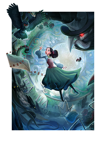 Art for Bye Sweet Carole featuring the protagonist falling down a fantastical rabbit hole as dark figures and owls with glowing red eyes loom above her.