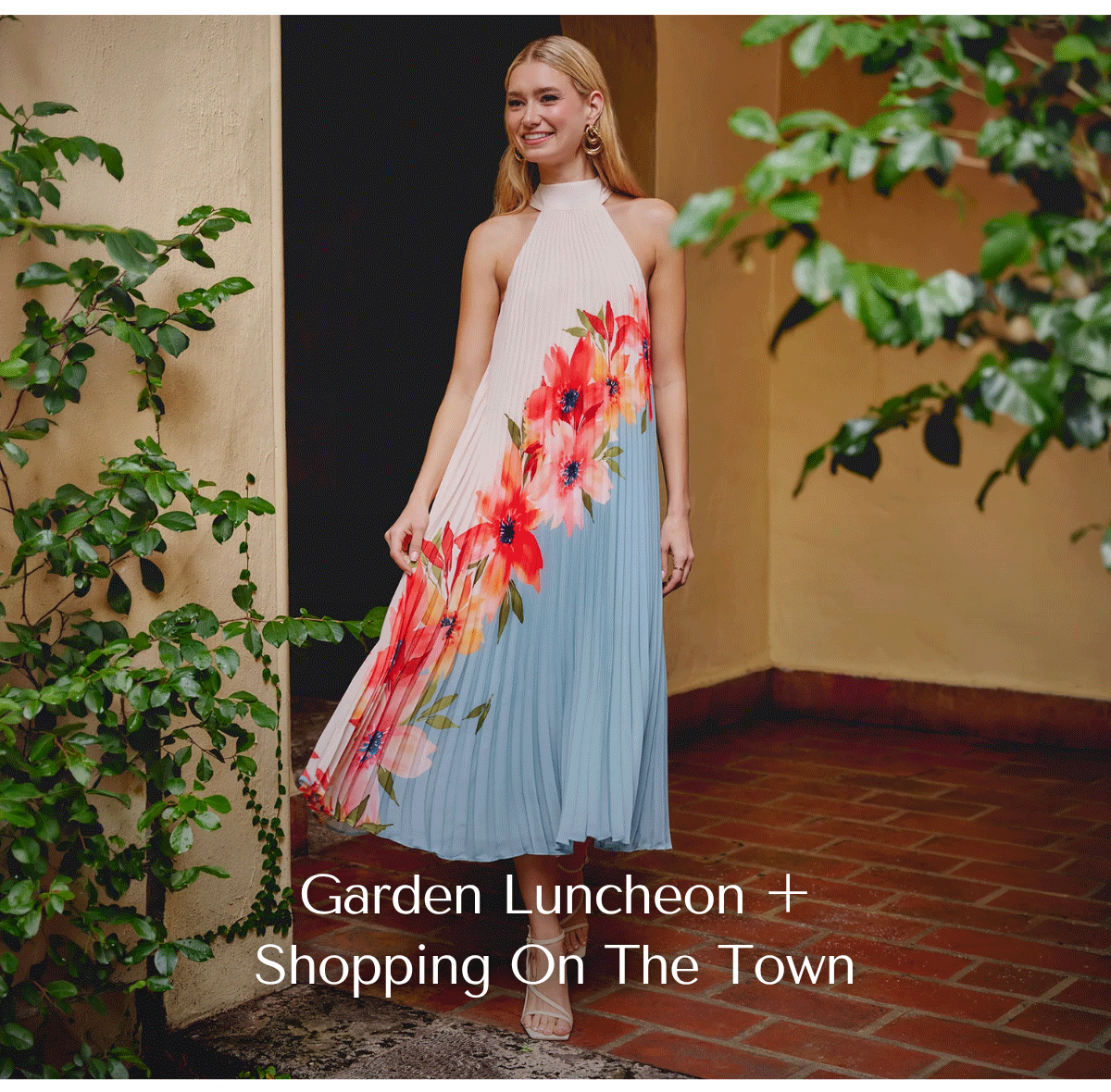 Pleated Chiffon Floral Color Block Midi Trapeze Dress In Blue Multi