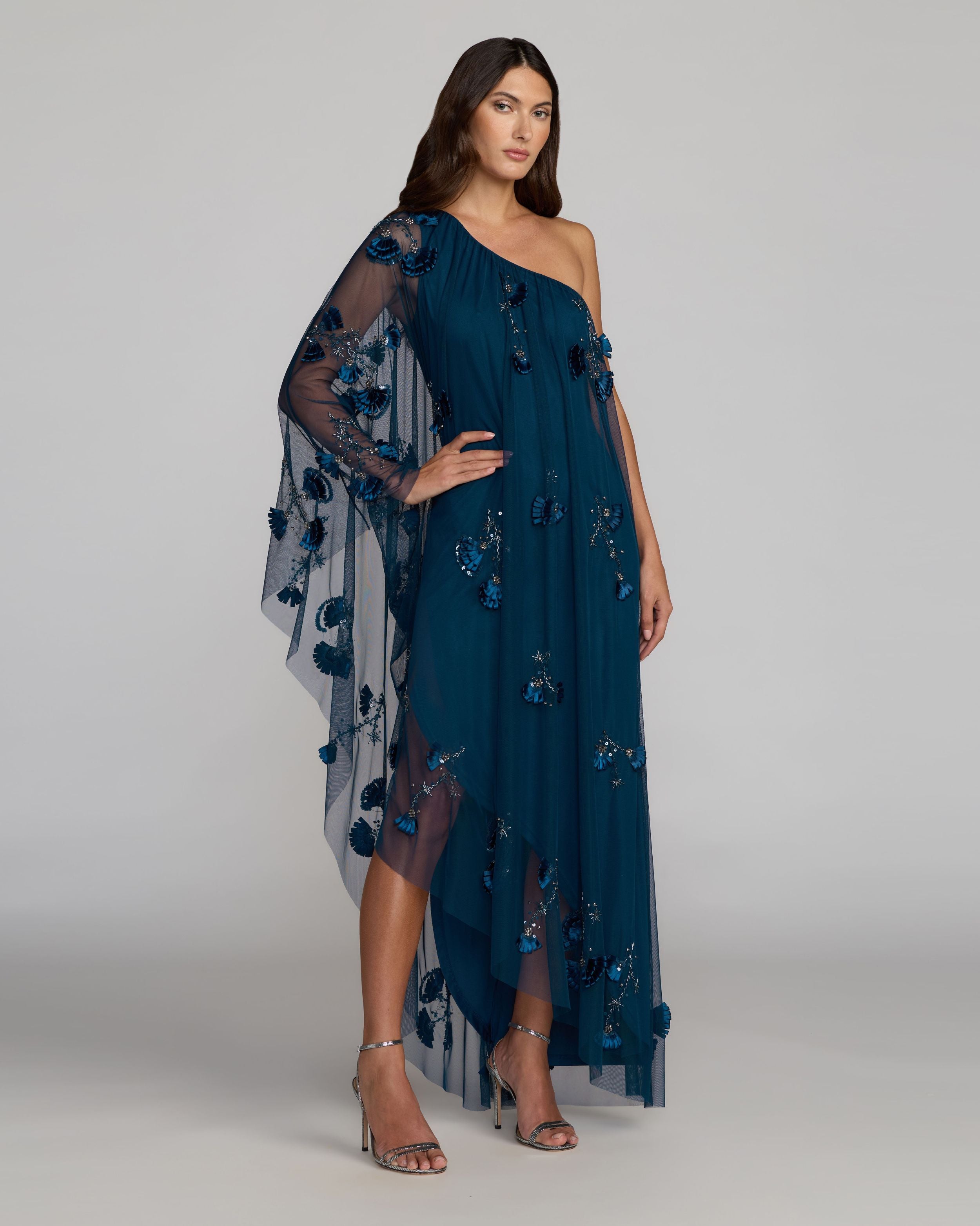 Image of Blue One Shoulder Embellished Kaftan Gown