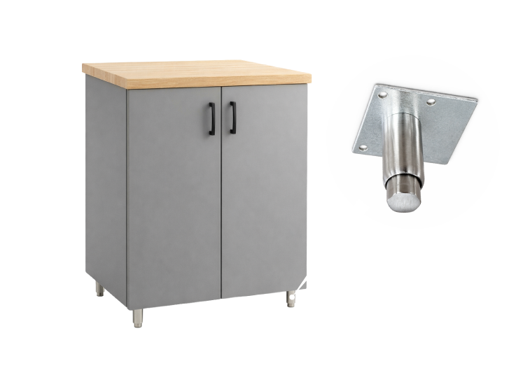 Closeup of garage cabinet and its leg.