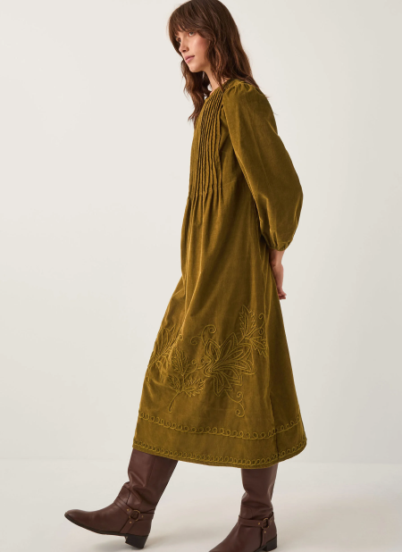Joyce Pintuck Embroidered Corduroy Midi Dress Green