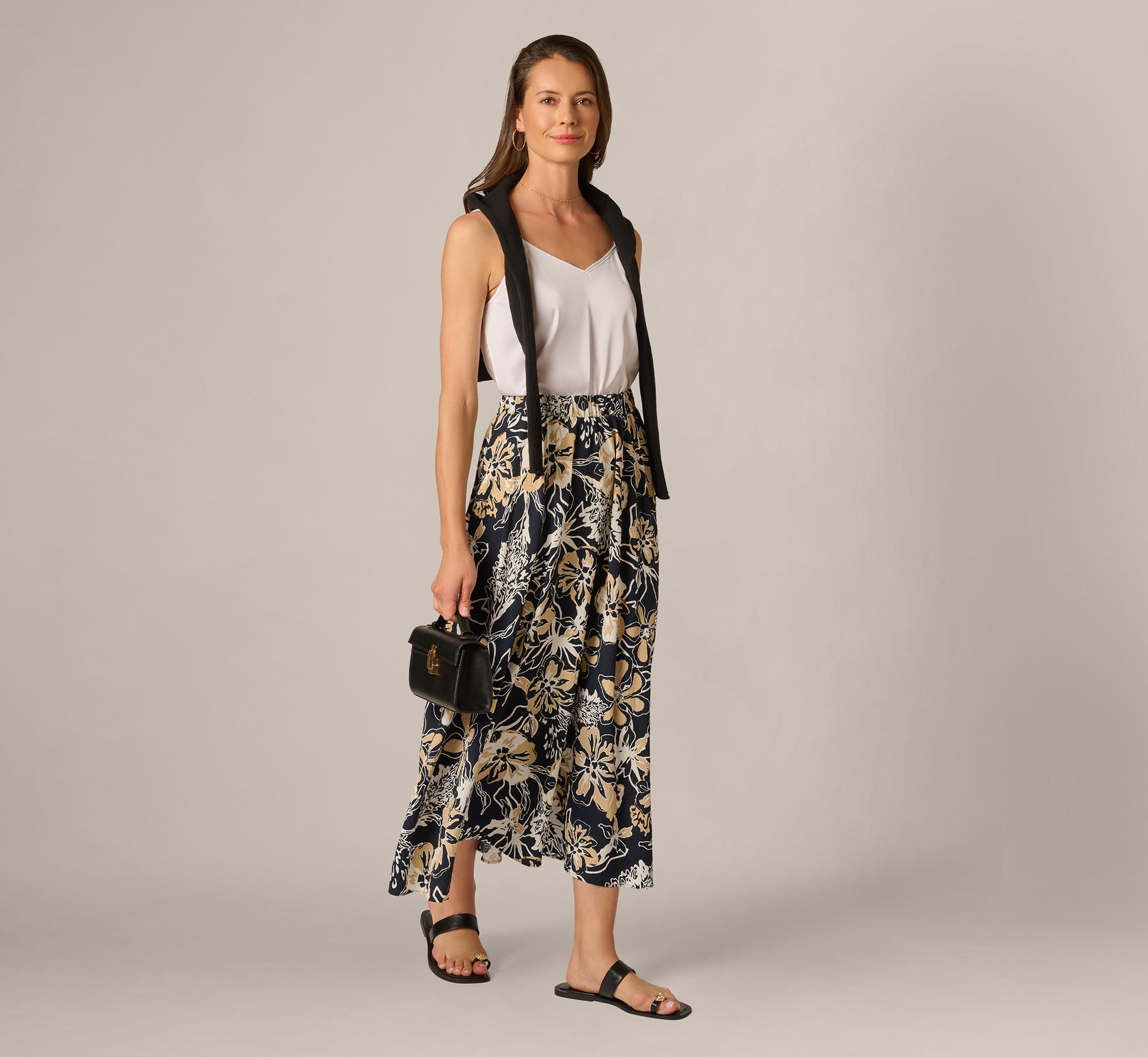 Image of Ankle Length A Line Midi Skirt In Navy Ivory Whimsical Floral