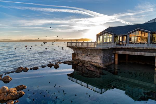 The sun rises over the Monterey Bay Aquarium while a flock of birds flies above the ocean