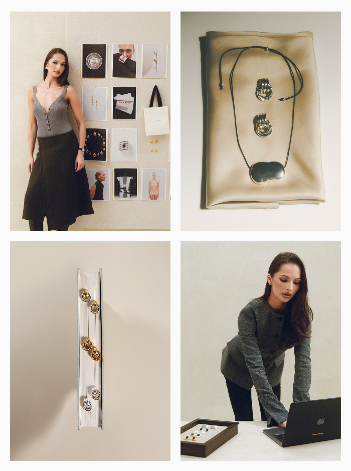 Top left: Founder Pia Mance standing beside a moodboard of Heaven Mayhem inspiration images featuring jewelry, styling references, and brand visuals.  Top right: Heaven Mayhem Julia Necklace and Mini Knot Mixed Earrings styled on silk fabric background.  Bottom left: Mixed, Gold & Silver Micro Knot Earrings from Heaven Mayhem displayed along the edge of a stacked book.  Bottom right: Founder Pia Mance working at a laptop with a Heaven Mayhem Laptop Case and jewelry pieces on the table.