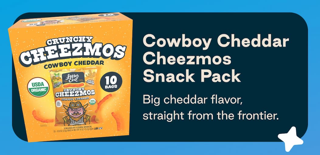 Cowboy Cheddar Cheezmos Snack Pack. Big cheddar flavor, straight from the frontier. 