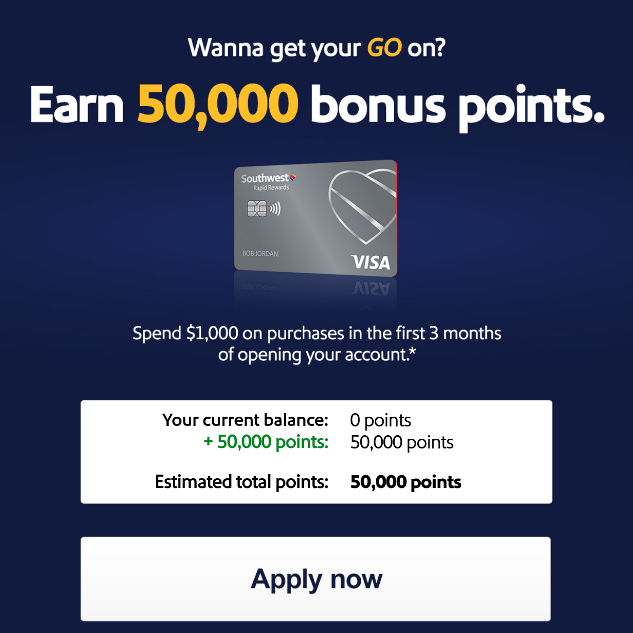 Limited-Time Bonus. Earn 50,000 bonus points. Spend $1,000 on purchases in the first 3 months of opening your account.* [Apply now]