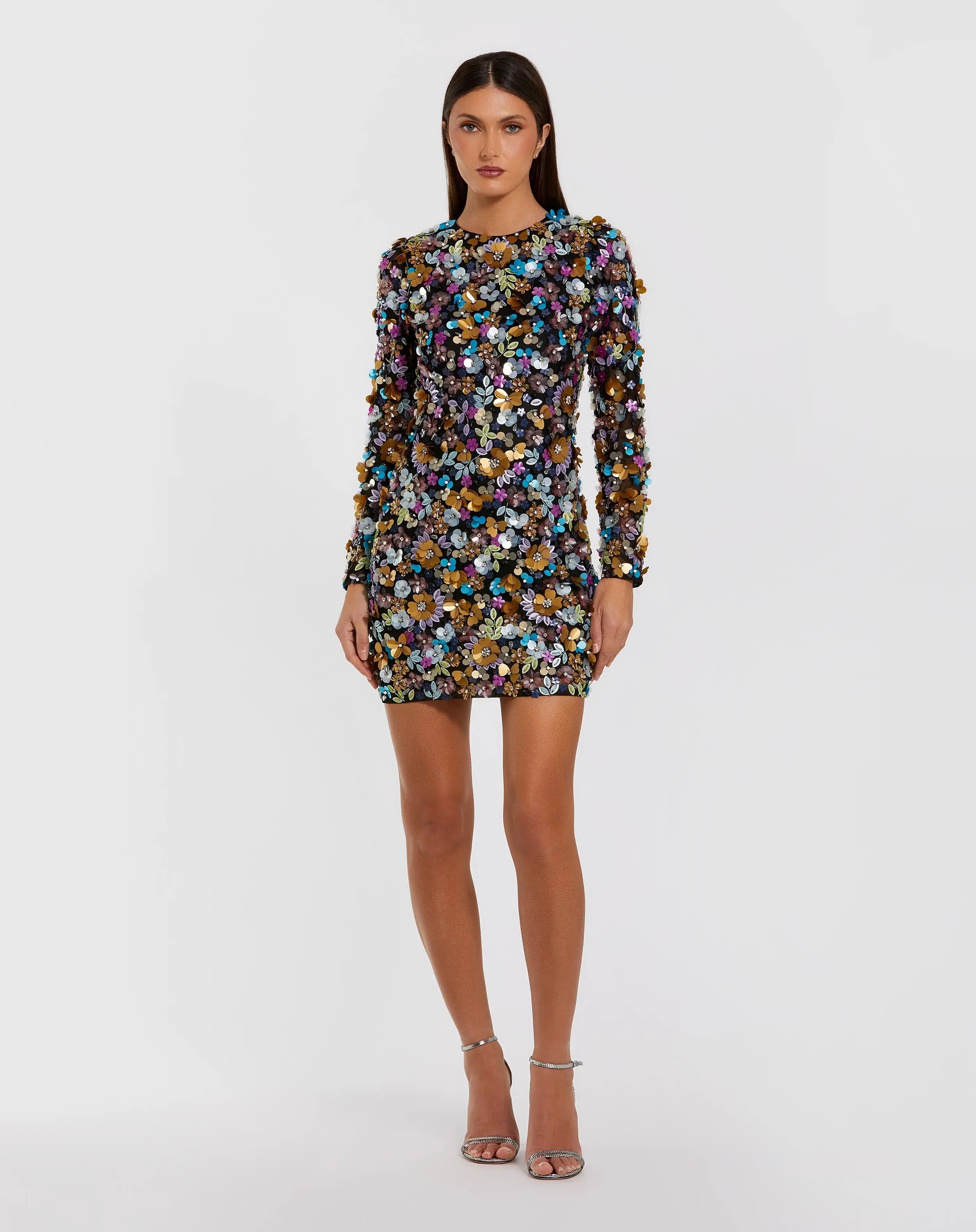 Image of Black Long Sleeve Multicolor 3D Sequin Mini Dress