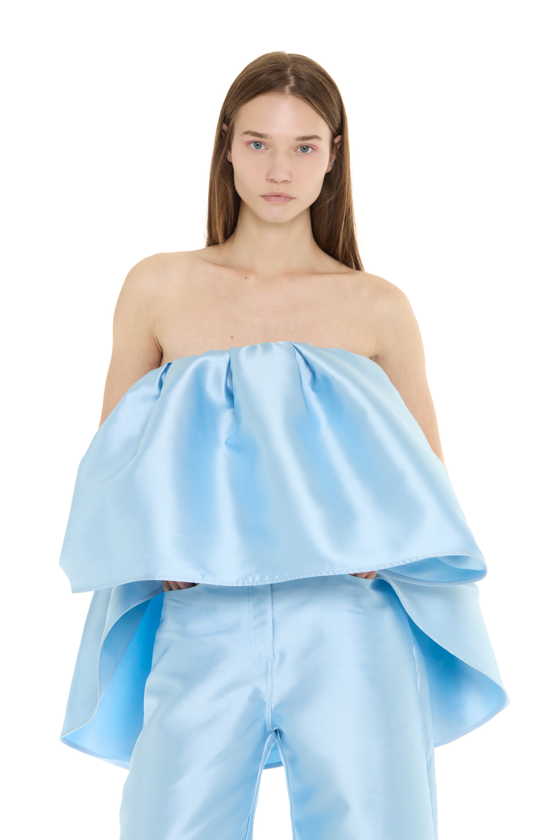 LIGHT BLUE MIKADO STRAPLESS TOP