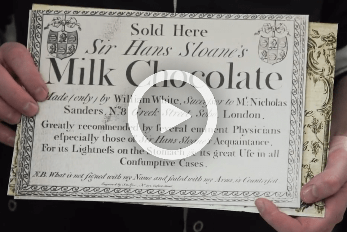 Advertisment for Hans Sloane's Milk Chocolate with video play button onlaid.