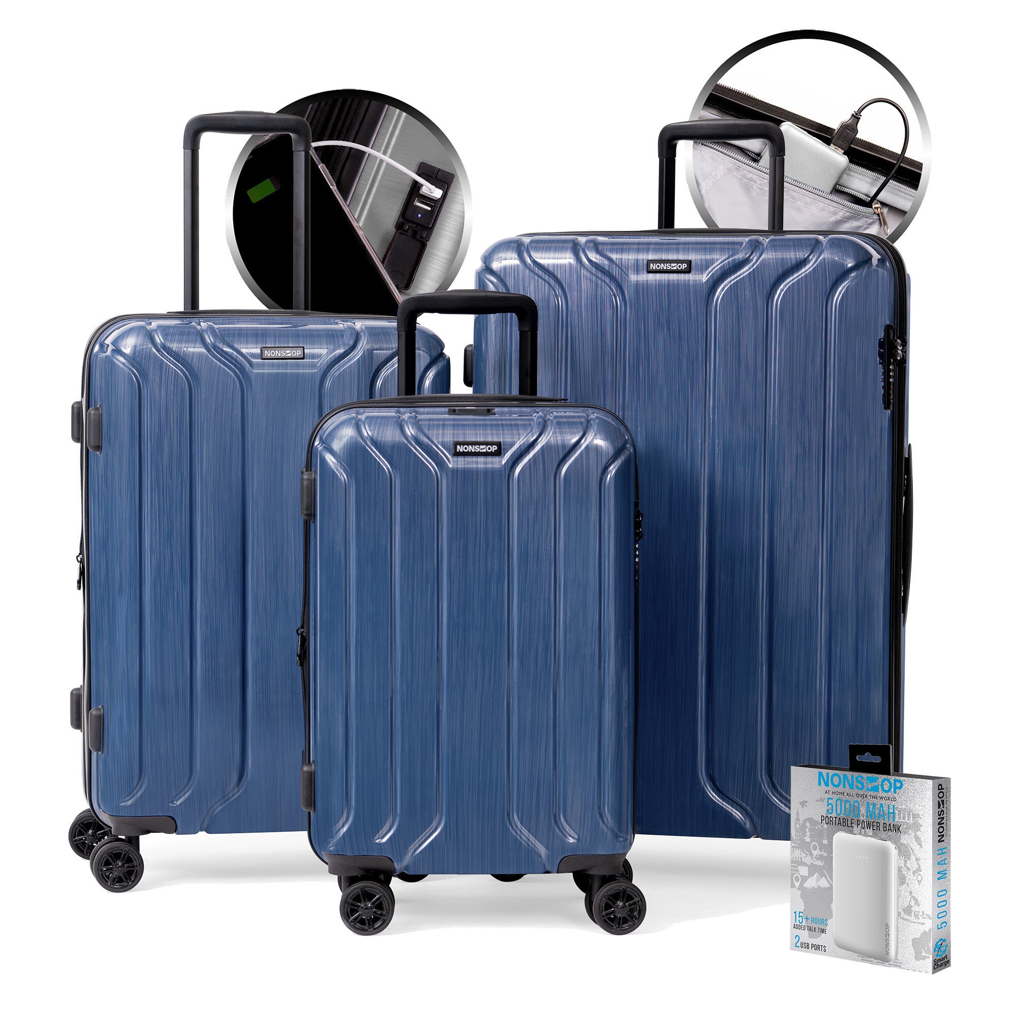 Image of NONSTOP New York Elite 3-Piece Expandable Spinner Luggage Set with Powerbank & 3-Piece Packing Cube Set