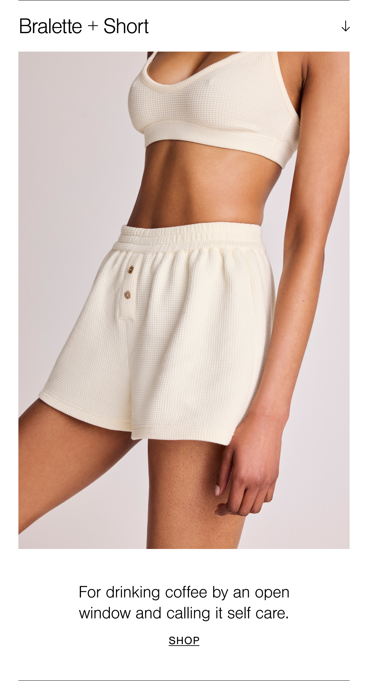 Featuring the Waffle Knit Lounge Bralette and Short in Cream. For drinking coffee by an open window and calling it self care. Shop Waffle Knit.