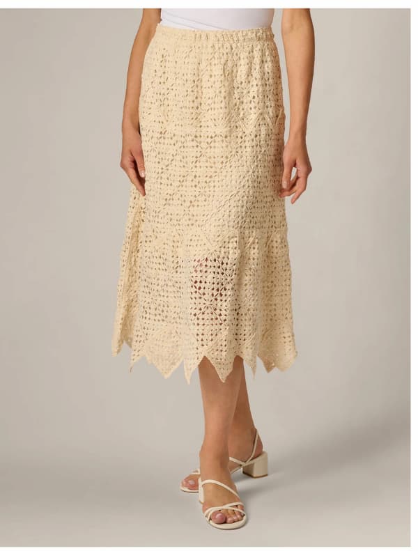 Crochet Knit Dagger Hem Midi Skirt In Cream
