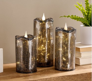 Set of 3 Illuminated Crackle Glass Candles by Valerie