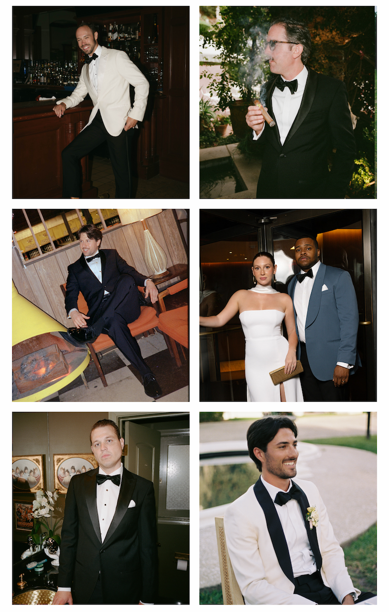 Collage of grooms and groomsmen in various formal tuxedo looks, including white and black dinner jackets.