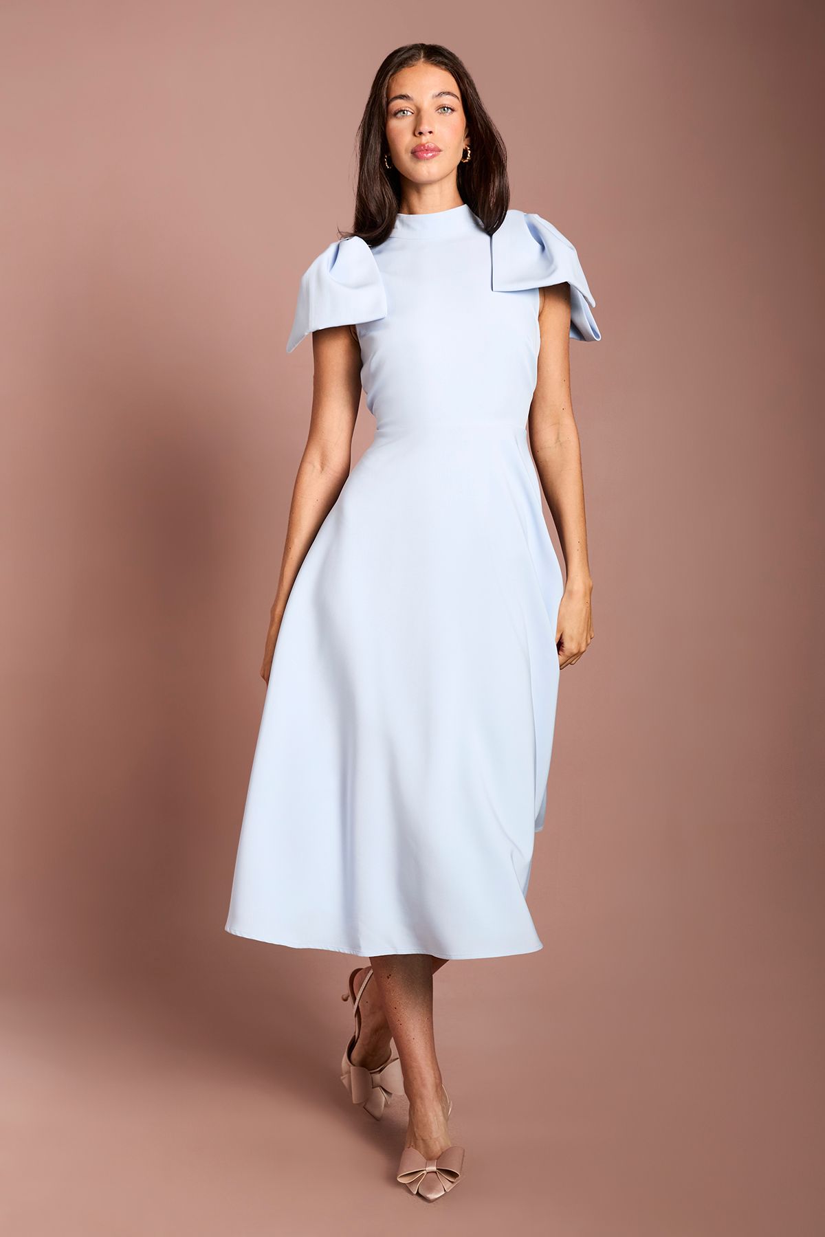 Bow Shoulder Crepe Midi Dress