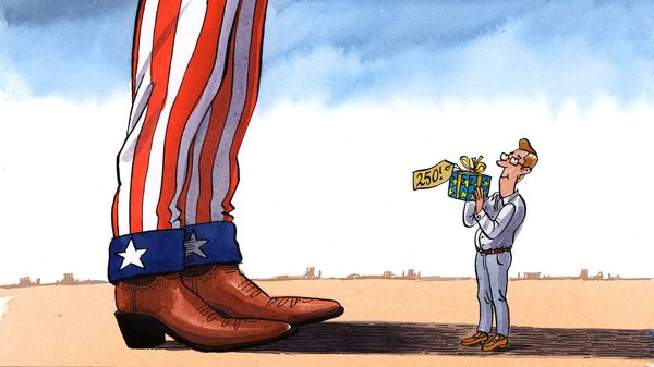 A small person presents a gift marked “250!” to a towering figure dressed in stars-and-stripes trousers