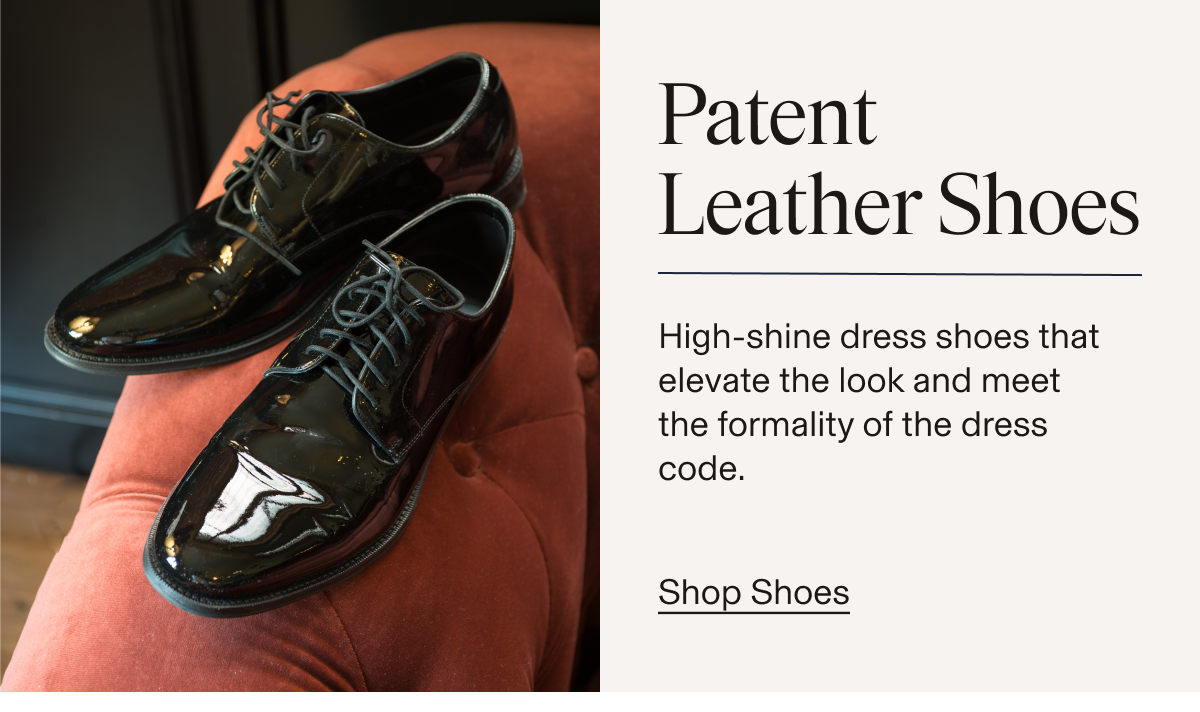 A pair of high-shine black patent leather oxford dress shoes resting on a dusty rose velvet surface. Text reads: "Patent Leather Shoes. High-shine dress shoes that elevate the look and meet the formality of the dress code. Shop Shoes"