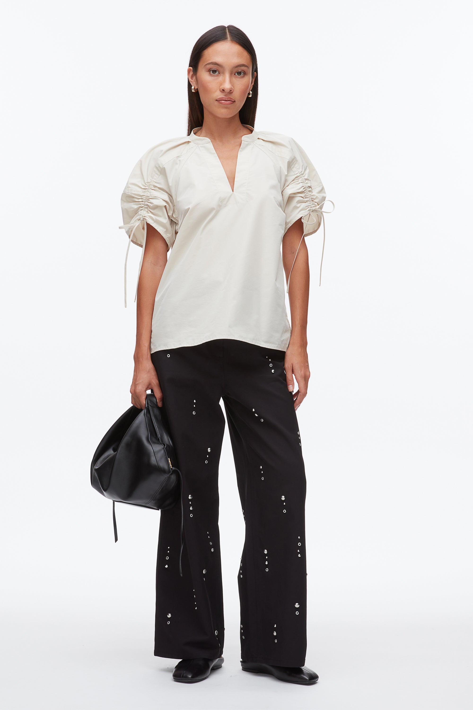 Image of Ruched Sleeve V-Neck Top