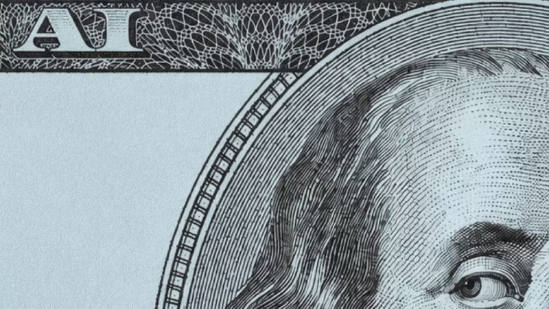 Detail of a $100 bill with "AI" printed on it