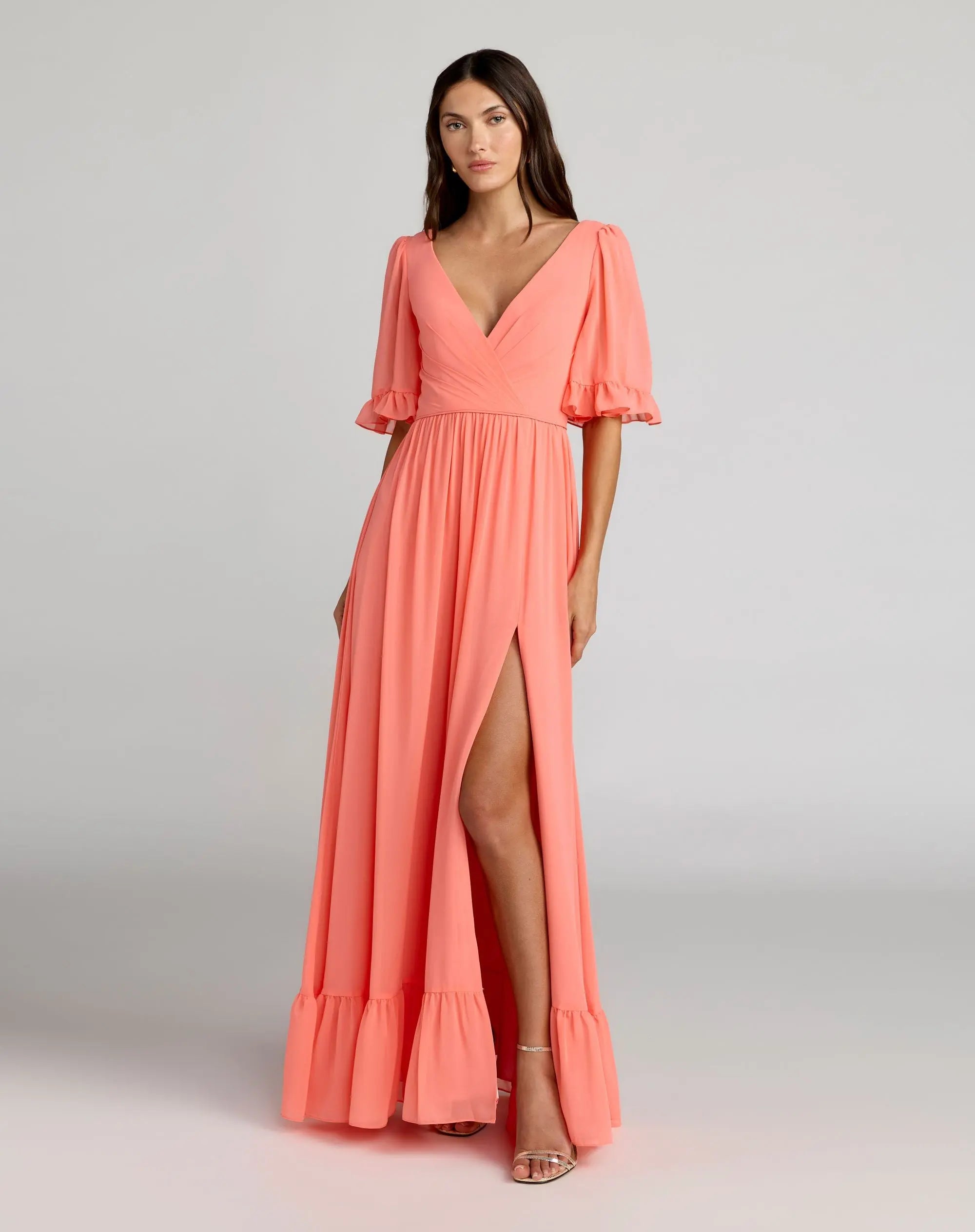 Image of Pink Faux Wrap Ruffle Trim A-Line Gown