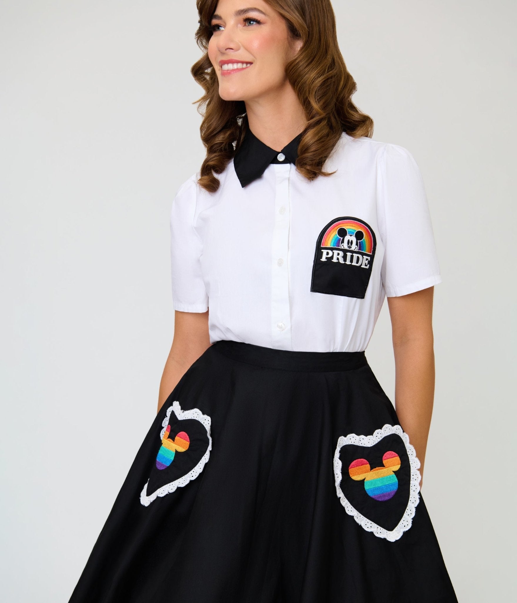 Image of Disney Pride Collection by Unique Vintage Black & Mickey Heart Pocket Sally Swing Skirt