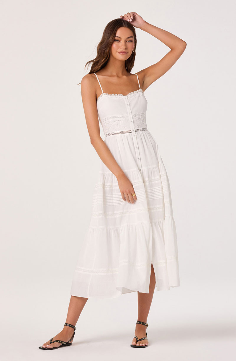 Woman Wearing Eyelet Midi Dress