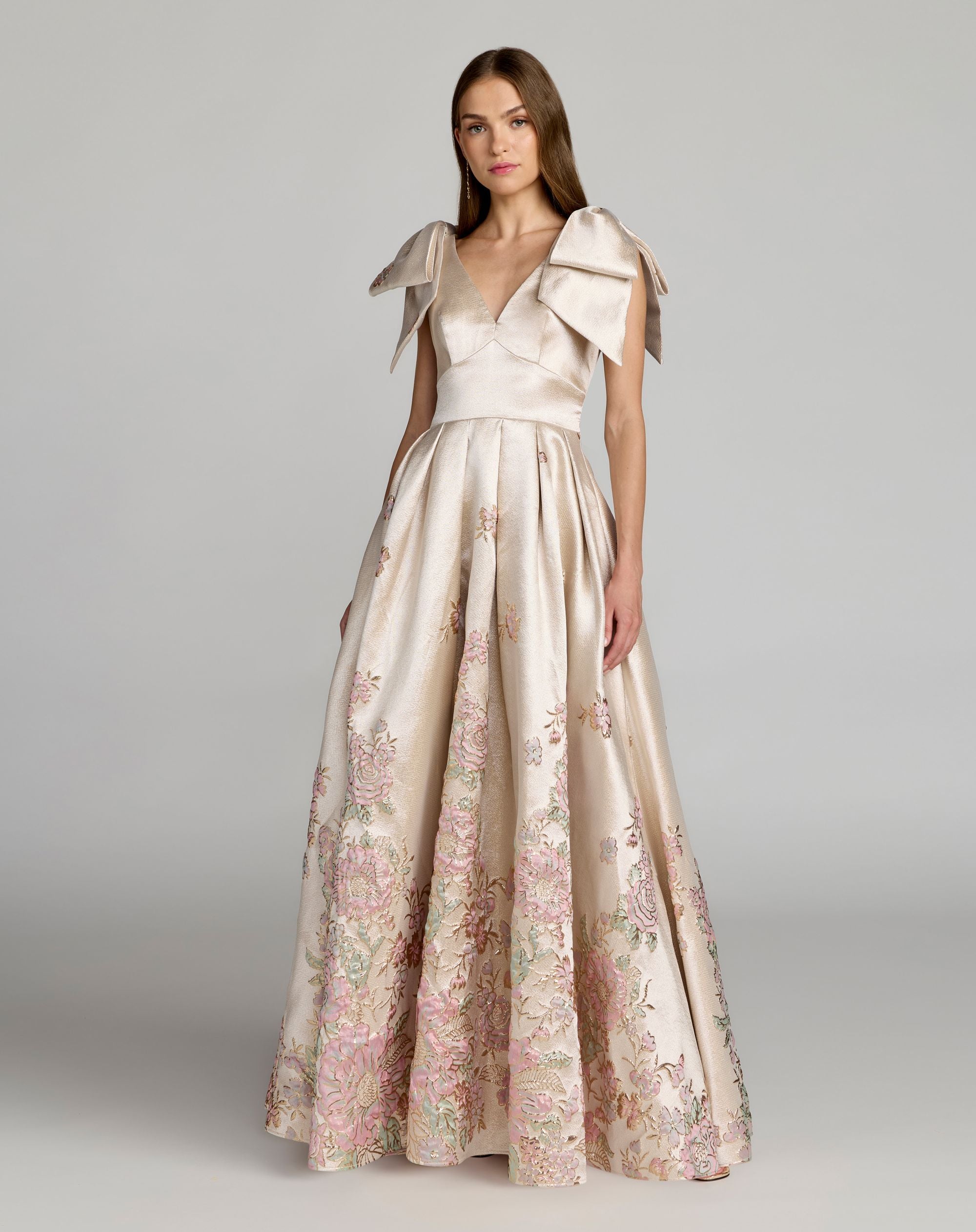 Image of Ivory Brocade V Neck Ball Gown With Bow Straps