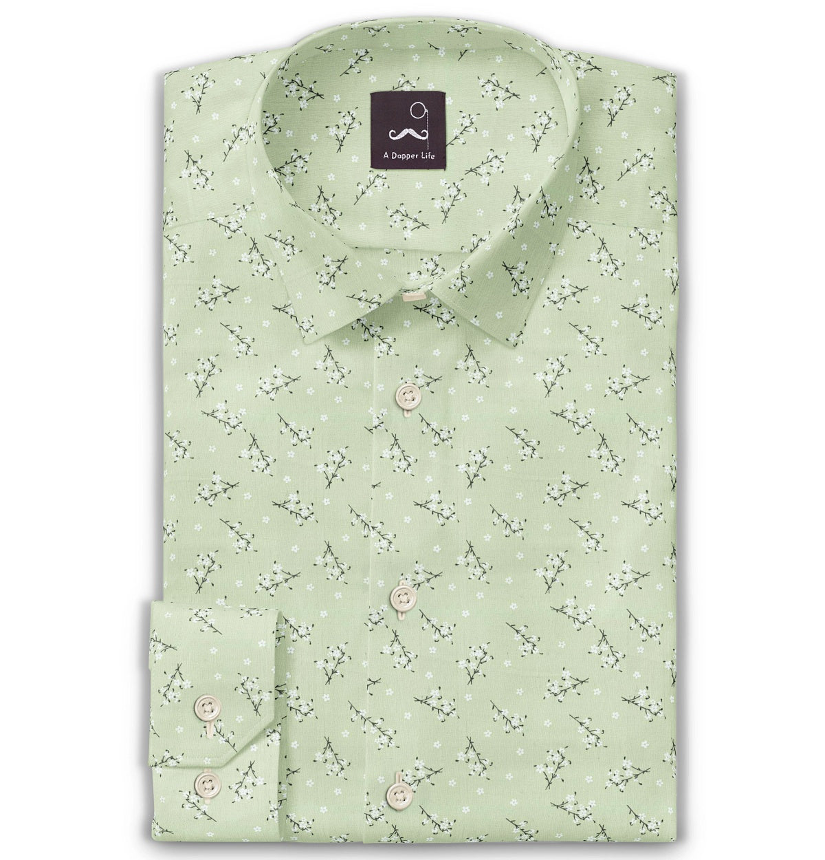 Image of Pure Cotton - Semi-Spread Collar - Long Sleeve - Mint Hanami Bloom