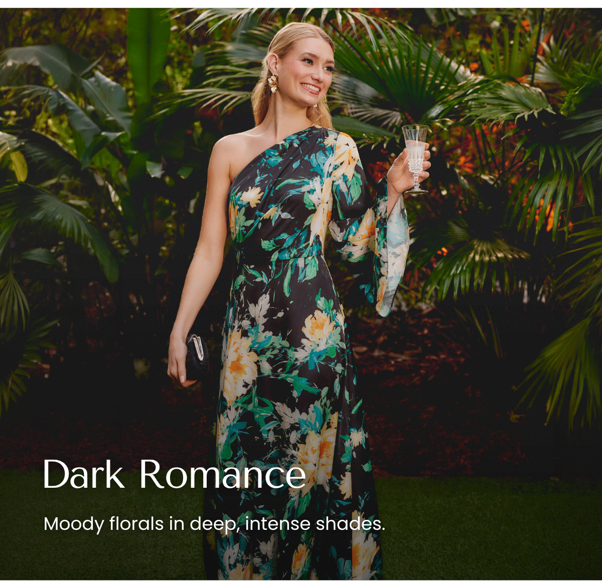 One Shoulder Long Sleeve Floral Satin Gown In Black Multi