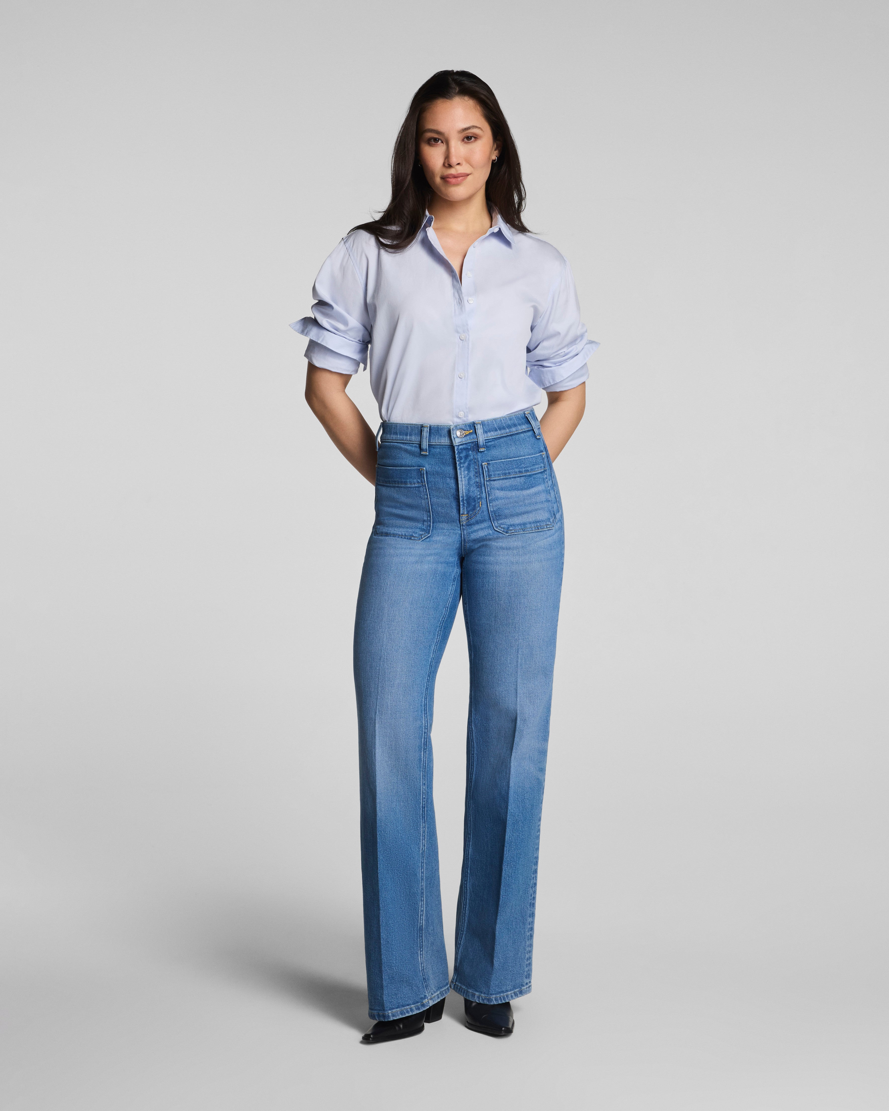 Image of Spanx Women's SPANXshape® Authentic 360 Mid-Rise Easy Flare Jeans with Patch Pockets, Elysian