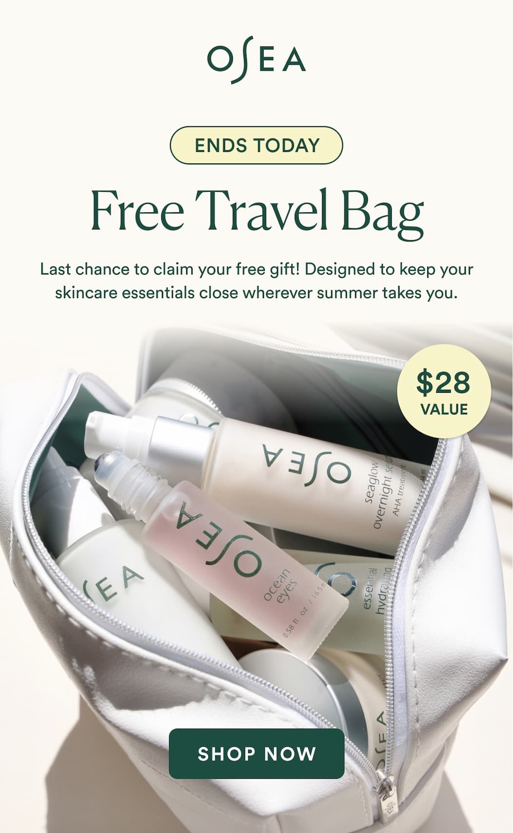 Last chance to claim your free gift! Designed to keep your skincare essentials close wherever summer takes you.