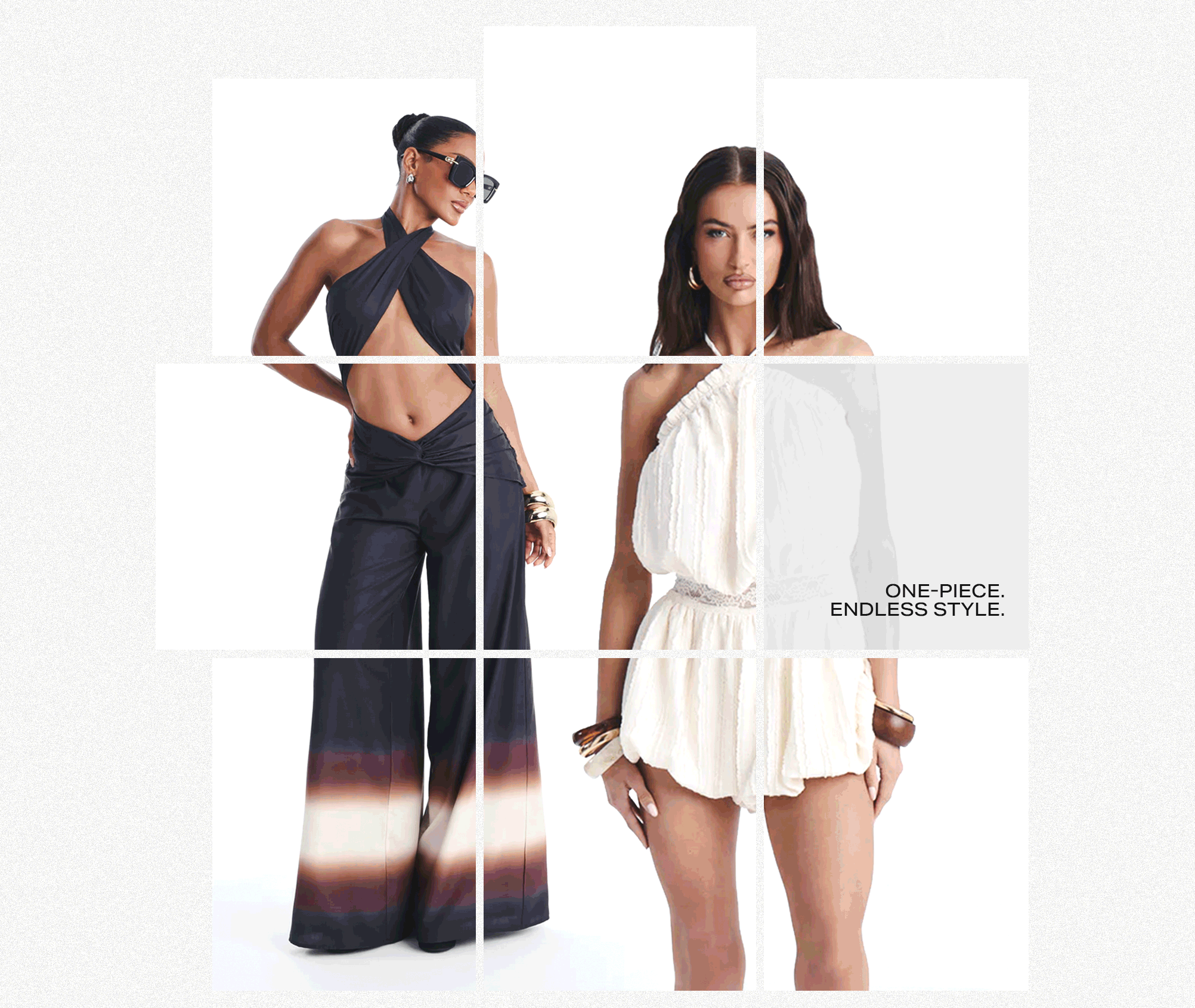 Two models display stylish one-piece fashion. Left in black halter jumpsuit with ombré pants; right in a cream textured romper. Shop endless style.