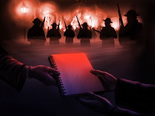 Illustration of hands holding a spiral-bound notebook before an armed mob and fire.