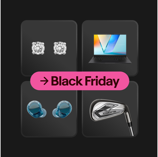 Diamond stud earrings, an ASUS PC laptop, a Cobra Darkspeed Steel Iron, and Sony True Wireless Earbuds are on dark gray tiles against a black background. A pink banner with the words 'Black Friday' sits at the center of the items.