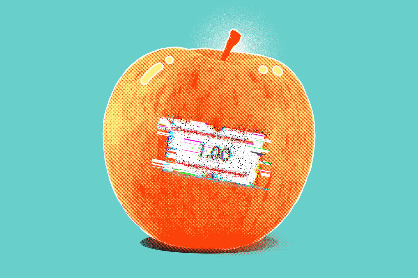 Apple with blurry, pixelated price tag on it.