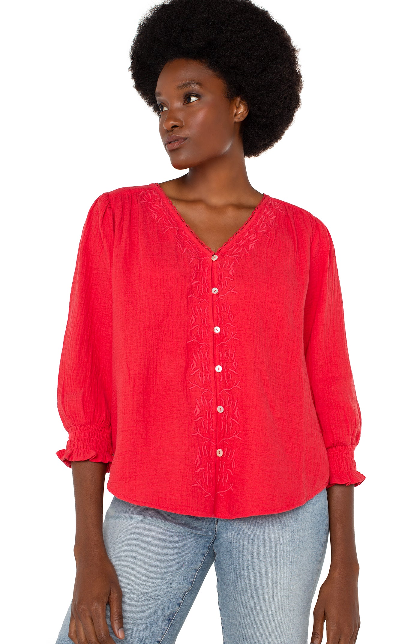 Image of 3/4 SLEEVE EMBROIDERED WOVEN BLOUSE