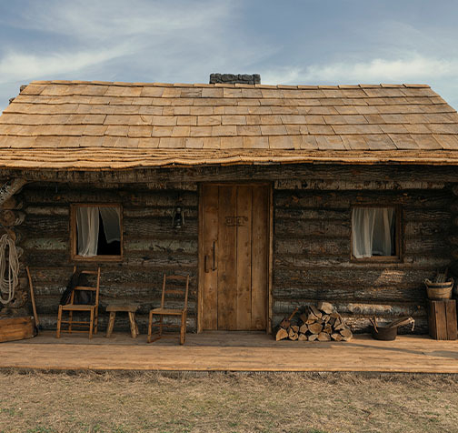 A rustic wooden log cabin with a shake roof and a front porch.
