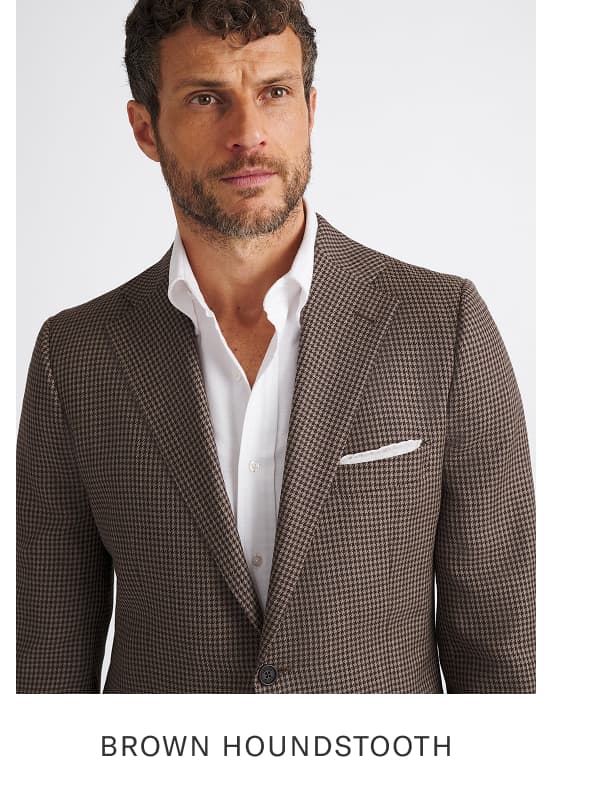 Brown Houndstooth Stretch Wool and Linen Jacket