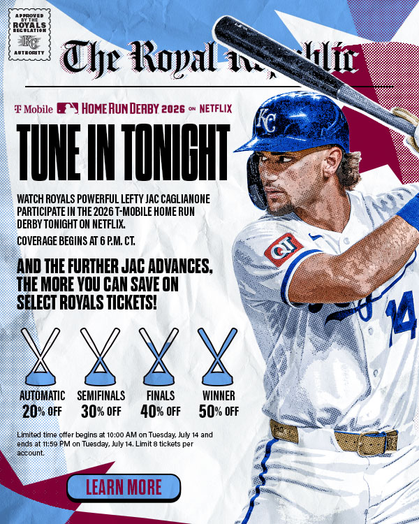 T-Mobile Home Run Derby 2026 - Tune in tonight to watch Royals powerful lefty Jac Caglianone - Coverage begins at 6 p.m. CT - Learn More