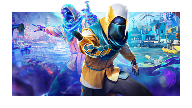 Key art for Tides of Tomorrow depicting a city floating on the edge of a tide as a mysterious ally offers the viewer a hand.