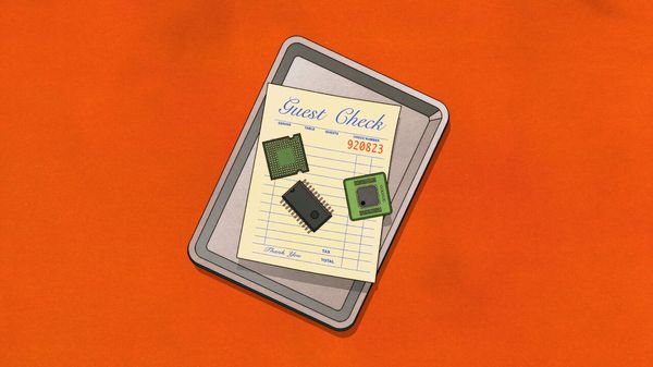 Illustration of a tray with a guest check on it, instead of change on it there are computer chips